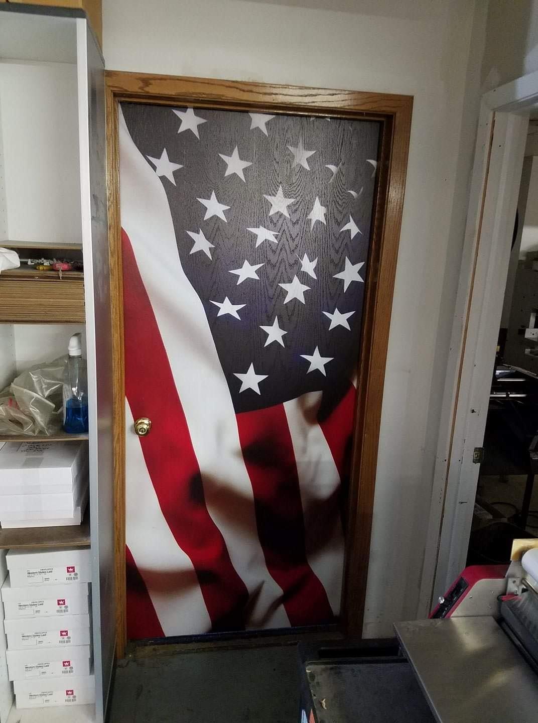Picture of an American Flag Printed on a Wood Door